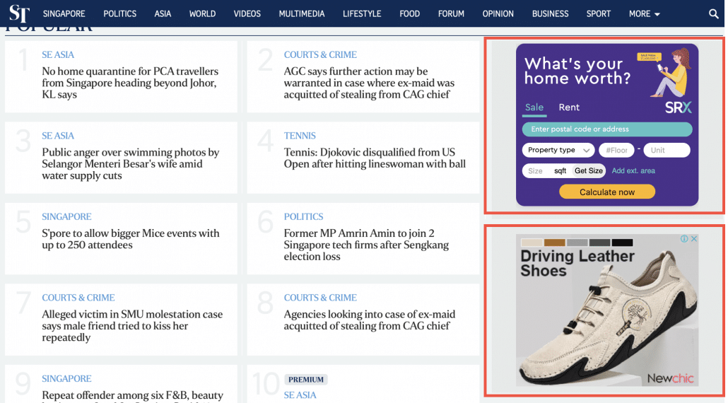 A screengrab of Google Display Ads shown on The Straits Times