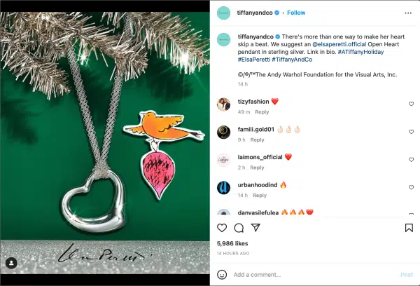 Example of holiday posts on social media from Tiffany and Co