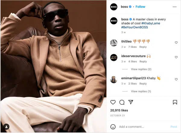 Example of an influencer collaboration social post with Hugo Boss