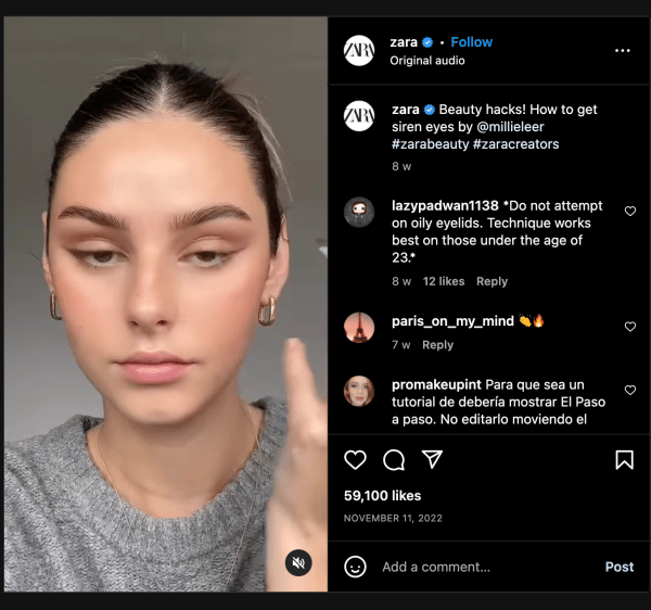 Example of an excellent use of video on social media by Zara