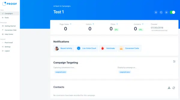 Sample of Proof Dashboard