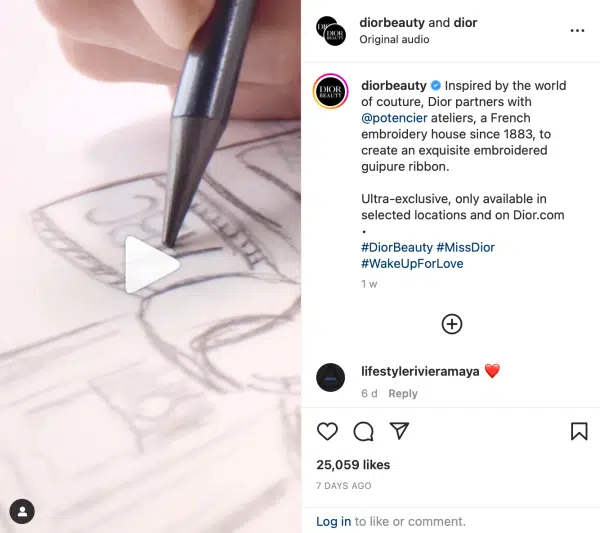 Example of Dior using behind the scenes social media content