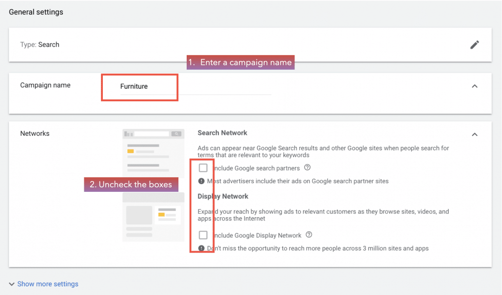 Enter a campaign name and uncheck the boxes under ‘Networks’.