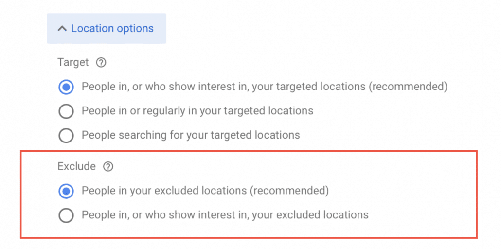 Location options – Exclude.