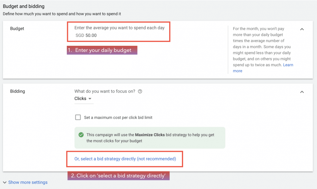 Enter your daily budget and select a bid strategy directly.