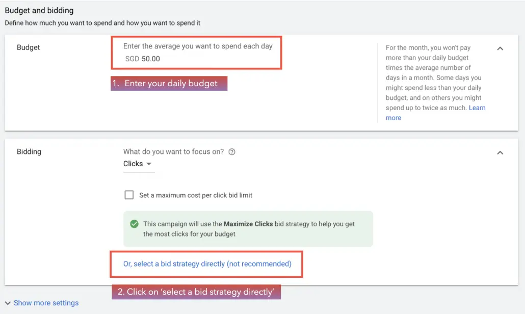 Enter your daily budget and select a bid strategy directly.