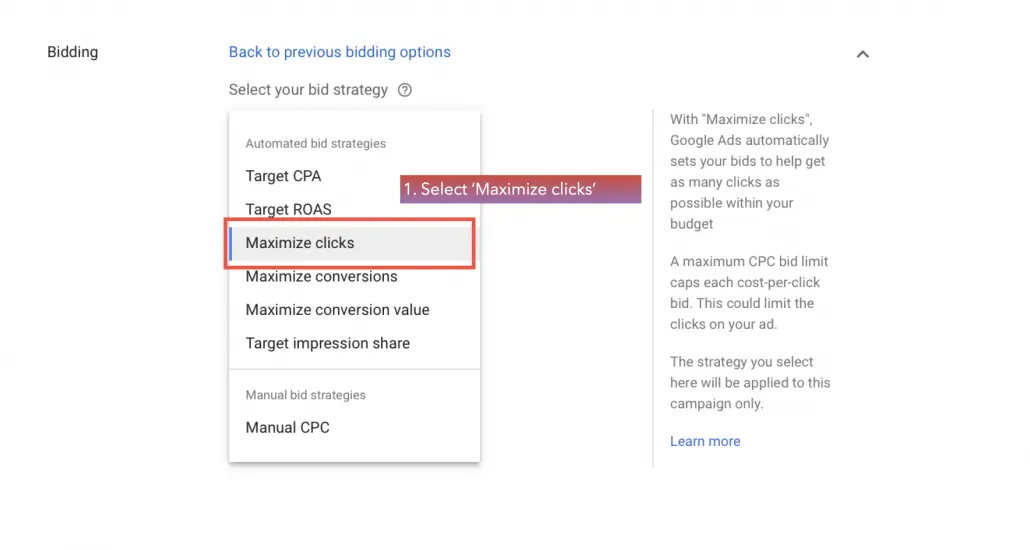Select ‘Maximize Clicks’.