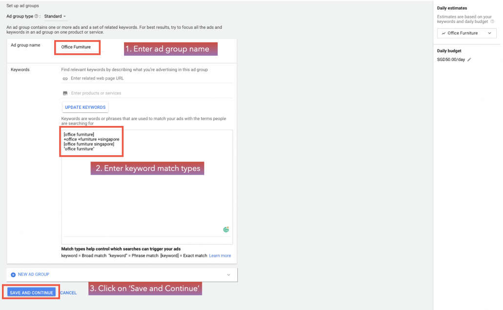 Enter an ad group name, keywords, & click on ‘Save and Continue’.