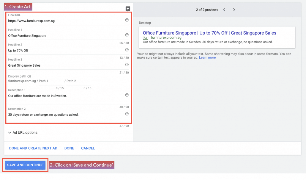 Create your ad, & click on ‘Save and Continue’.