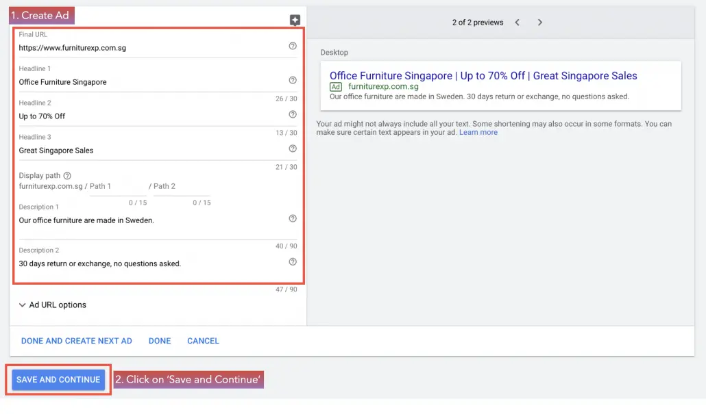Create your ad, & click on ‘Save and Continue’.