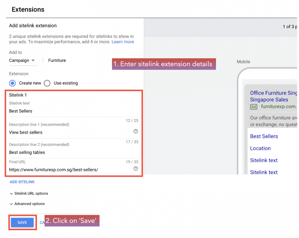 Enter sitelink extension details and click on ‘Save’.