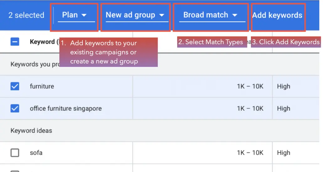 Add the keywords to existing or new campaigns.