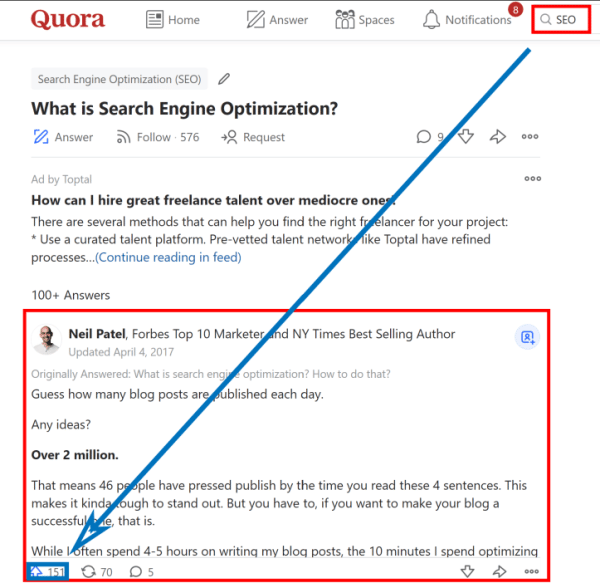 Screenshot of Neil Patel's reply on Quora to demonstrate thought leadership