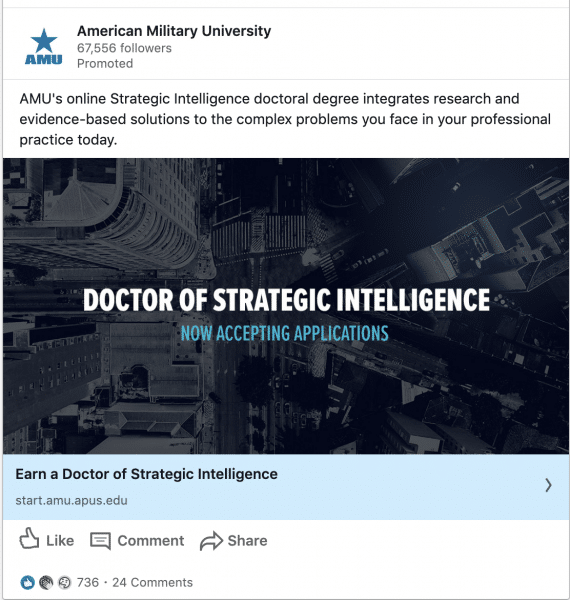 American Military University ads on Doctor of Strategic Intelligence