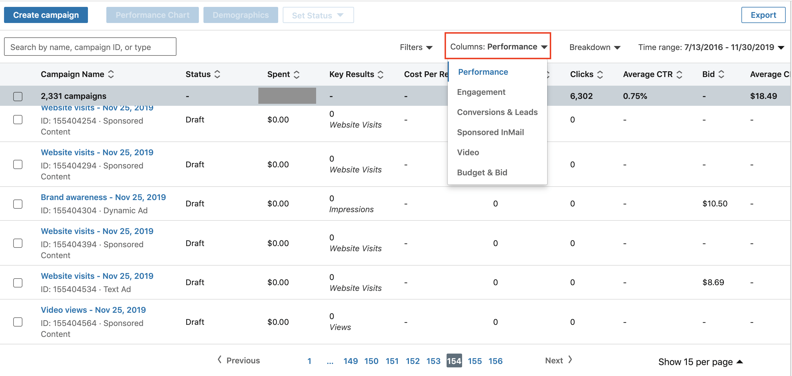 campaign dashboard column