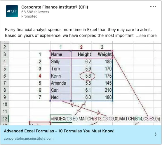 Corporate Finance Institute (CRI) ads on Advanced Excel Formulas