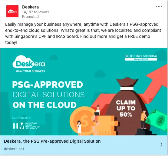 Deskera ads on PSG-approved Digital Solutions on The Cloud
