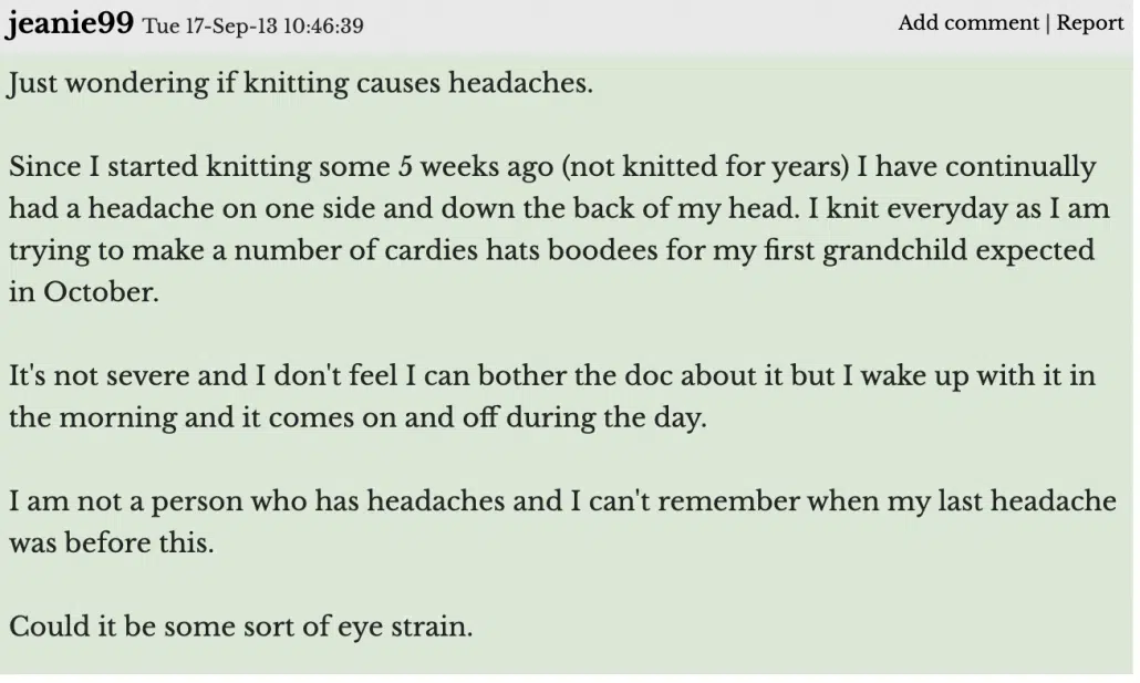 Discussion on forums about headache caused due to knitting