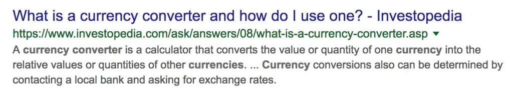 Google Search Result returning query for currency converter tool