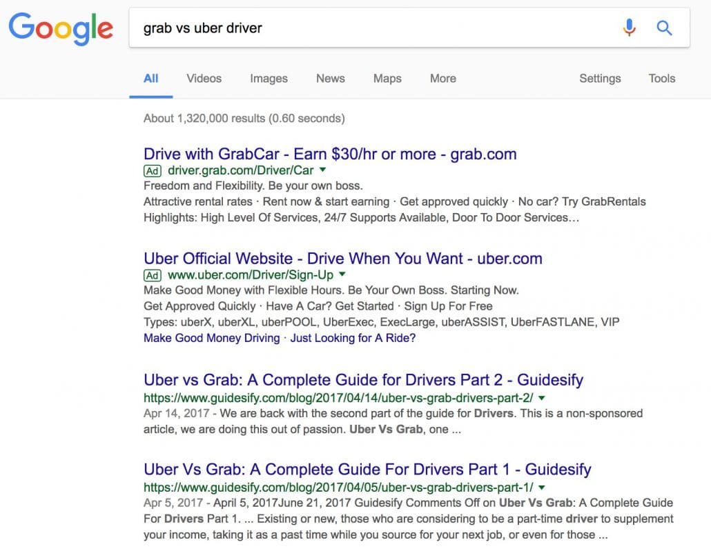 Google comparison search between grab and uber