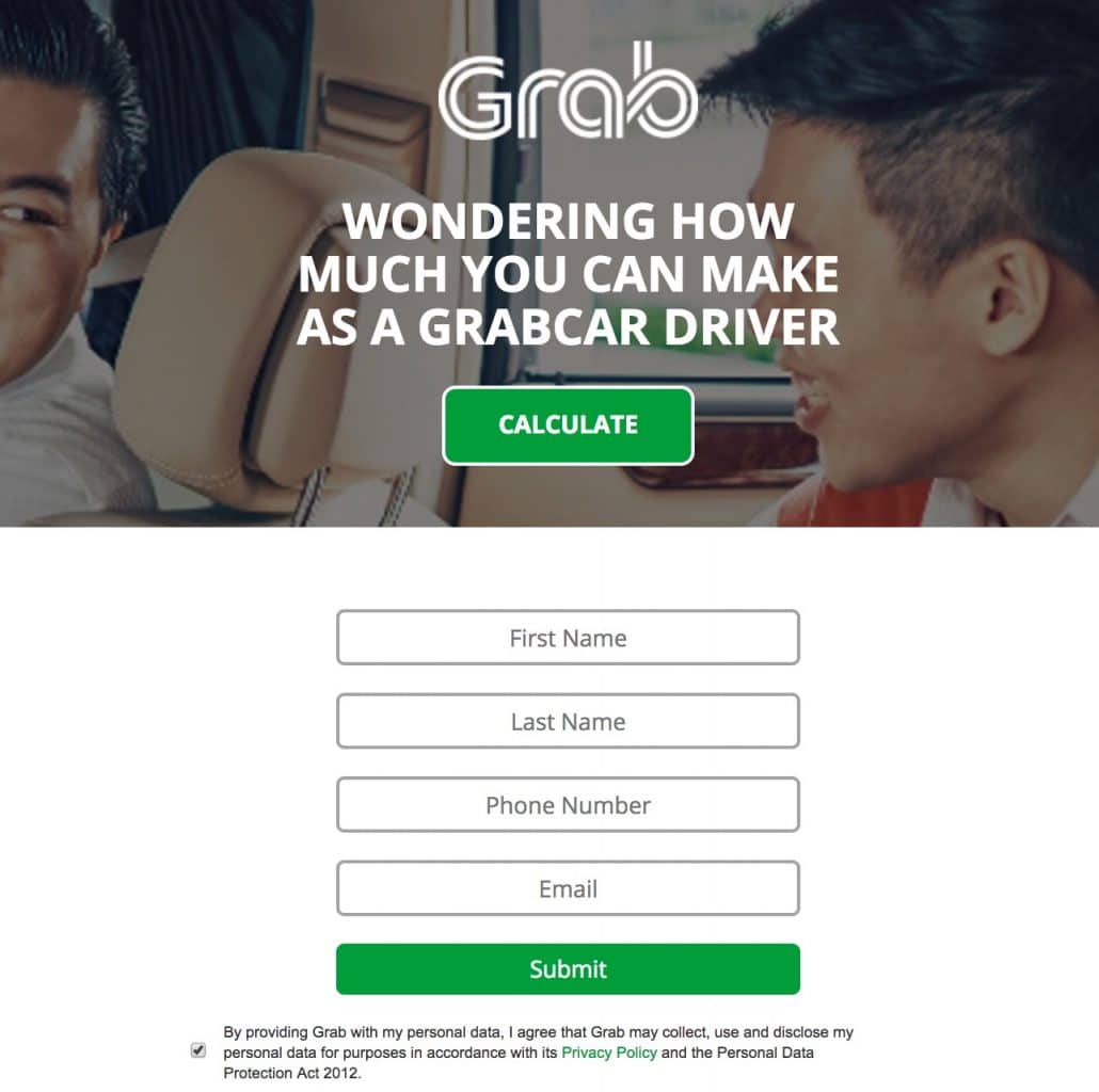 Grab landing page targeting Grabcar Drivers to sign up