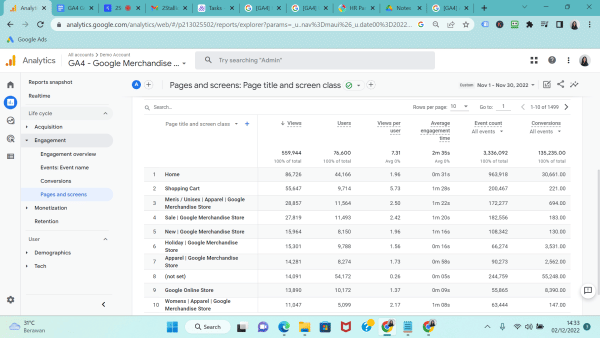 Pages and screens report on Google Analytics 4 (GA4)