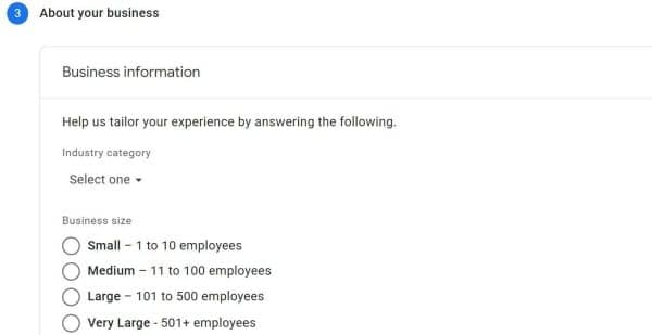 Business information when setting up Google Analytics 4 (GA4)