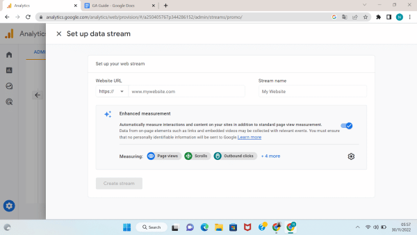 Create stream to set up data stream on Google Analytics 4 (GA4)