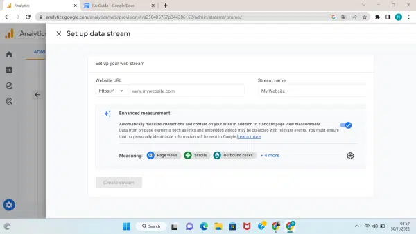 Create stream to set up data stream on Google Analytics 4 (GA4)