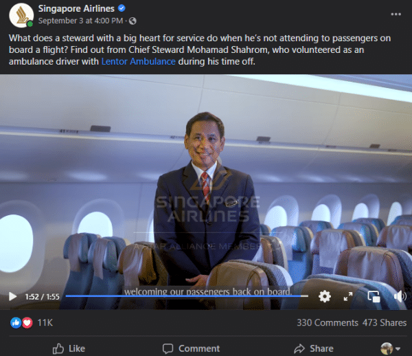 Example of social media post from Singapore Airlines