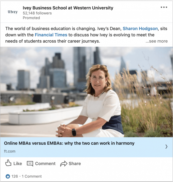 Ivey Business School at Western University ads on Online MBAs vs EMBAs