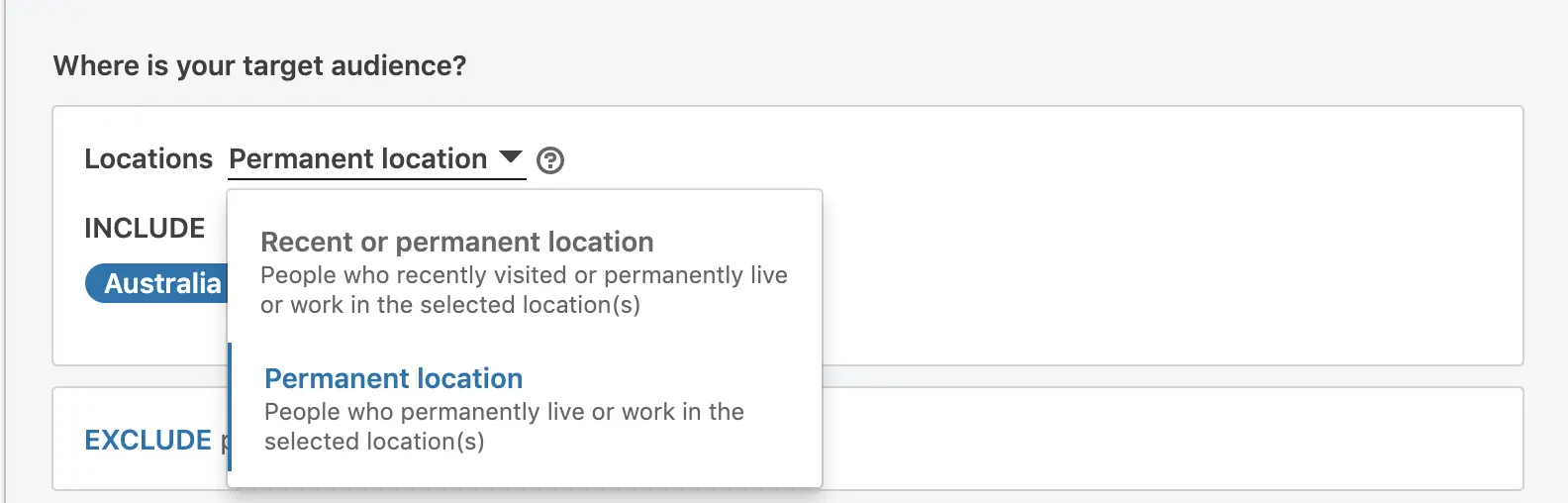 linkedin ads location options recent or permanent