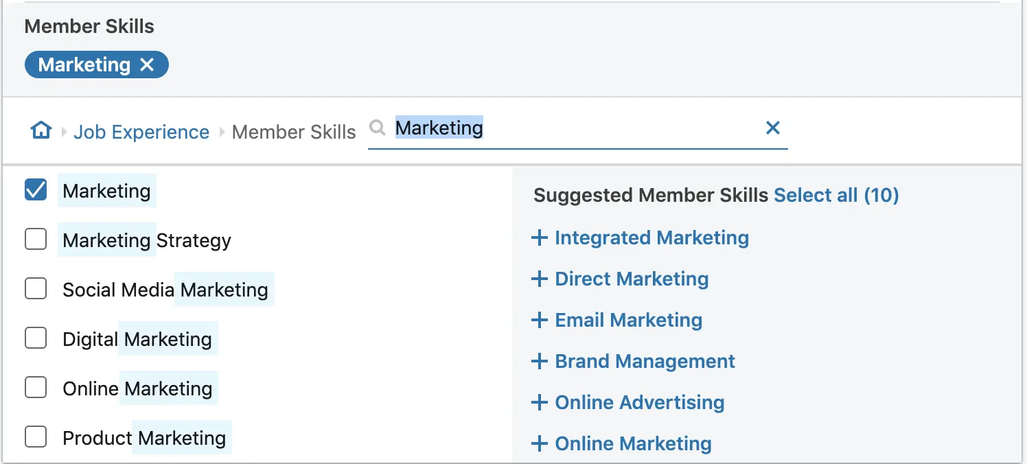 linkedin marketing skills selection