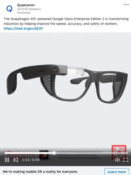 QualComm ads on Snapdragon XR1-powered Google Glass Enterprise Edition 2