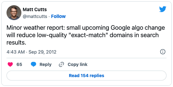 Twitter Screenshot of Matt Cutts's tweet