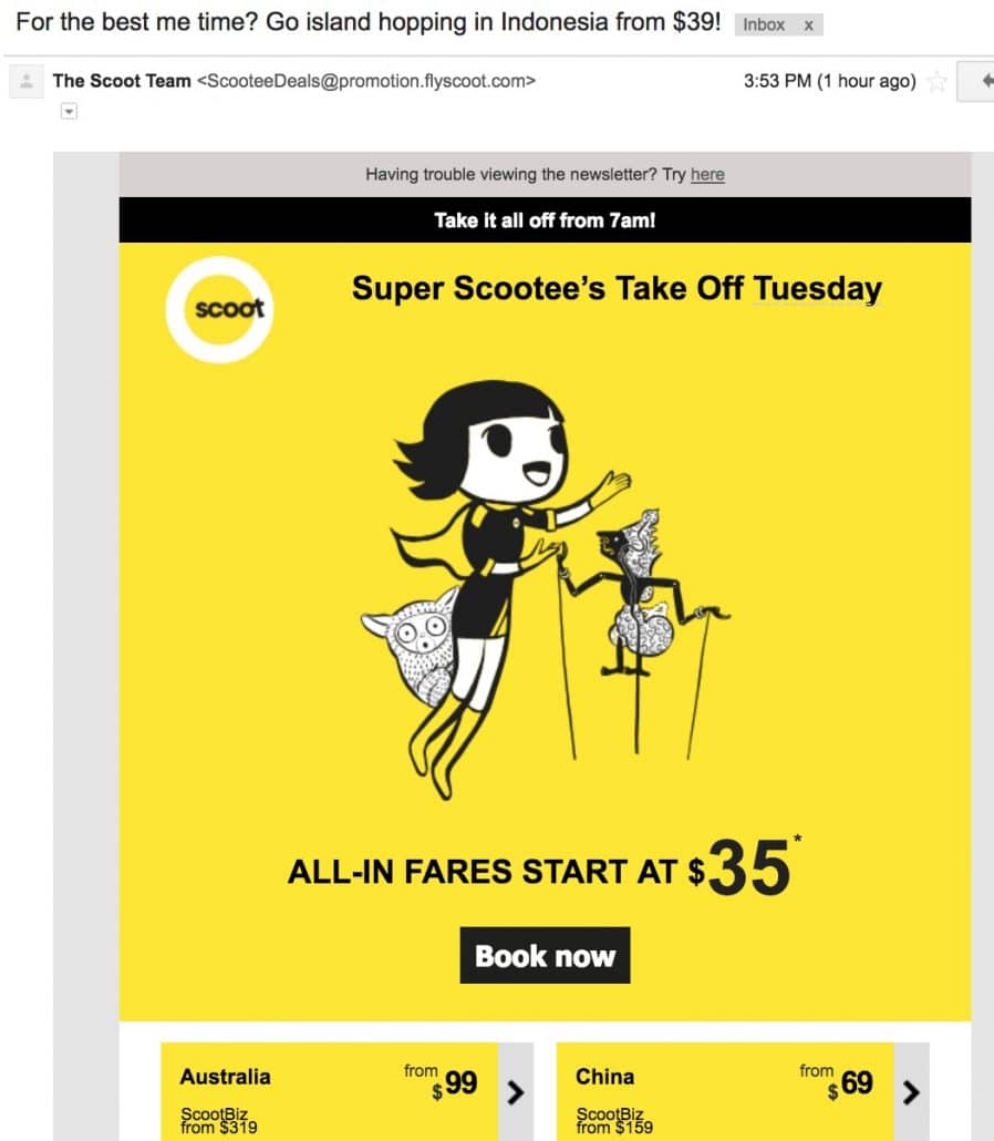 Scoot promotional email example
