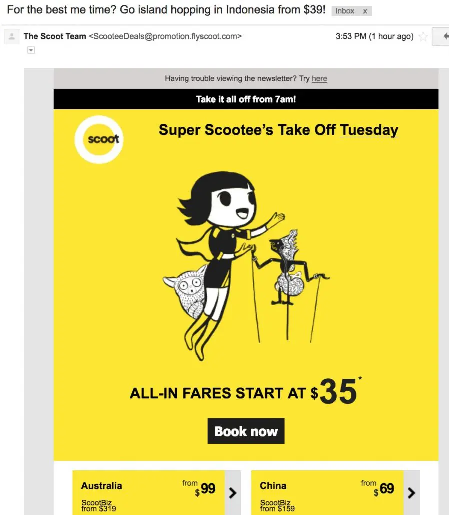 Scoot promotional email example