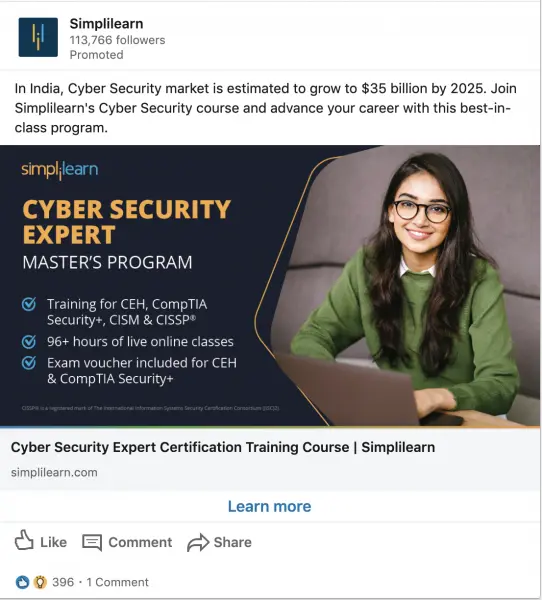Simplilearn ads on Cyber Seurity Expert