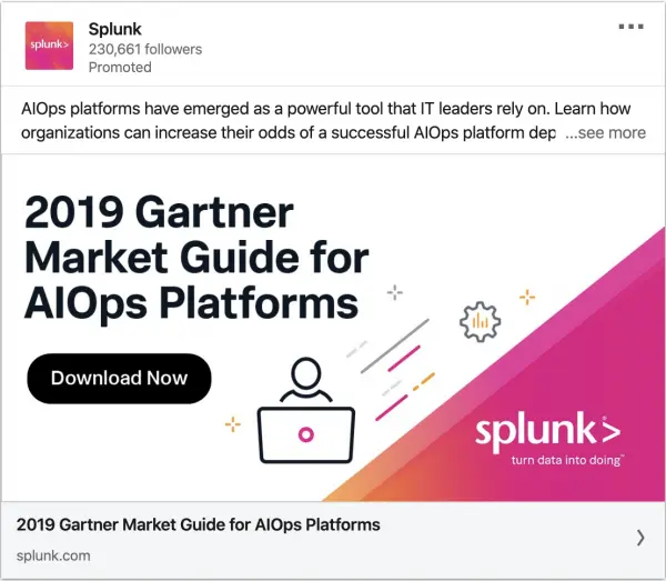Splunk ads on 2019 Gartner Market Guide for AIOps Platforms
