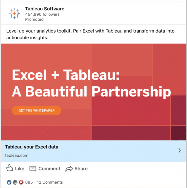 Tableau Software ads on their partnership with Excel