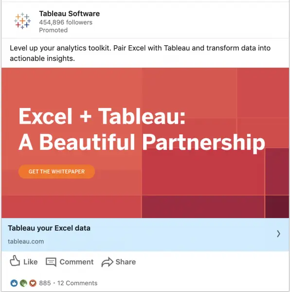 Tableau Software ads on their partnership with Excel