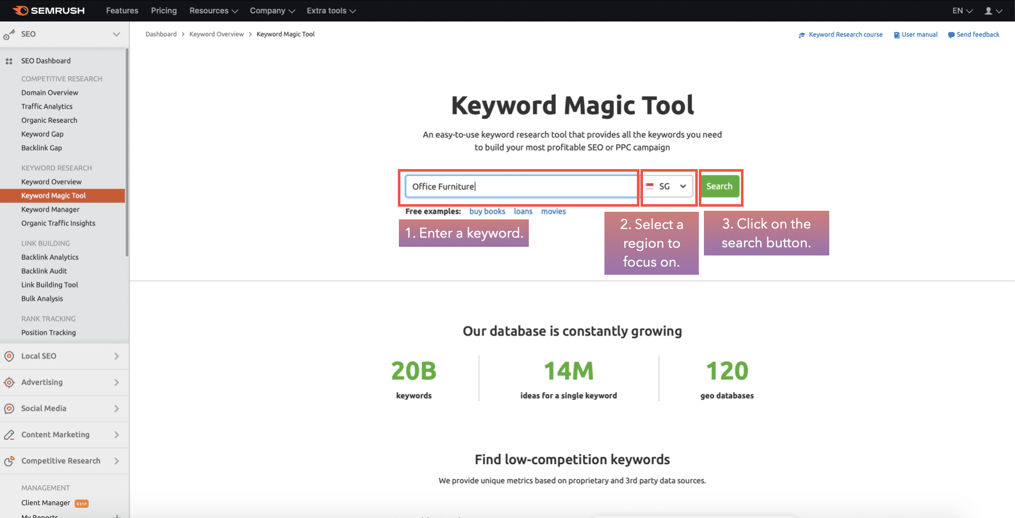 enter keyword in keyword magic tool in semrush