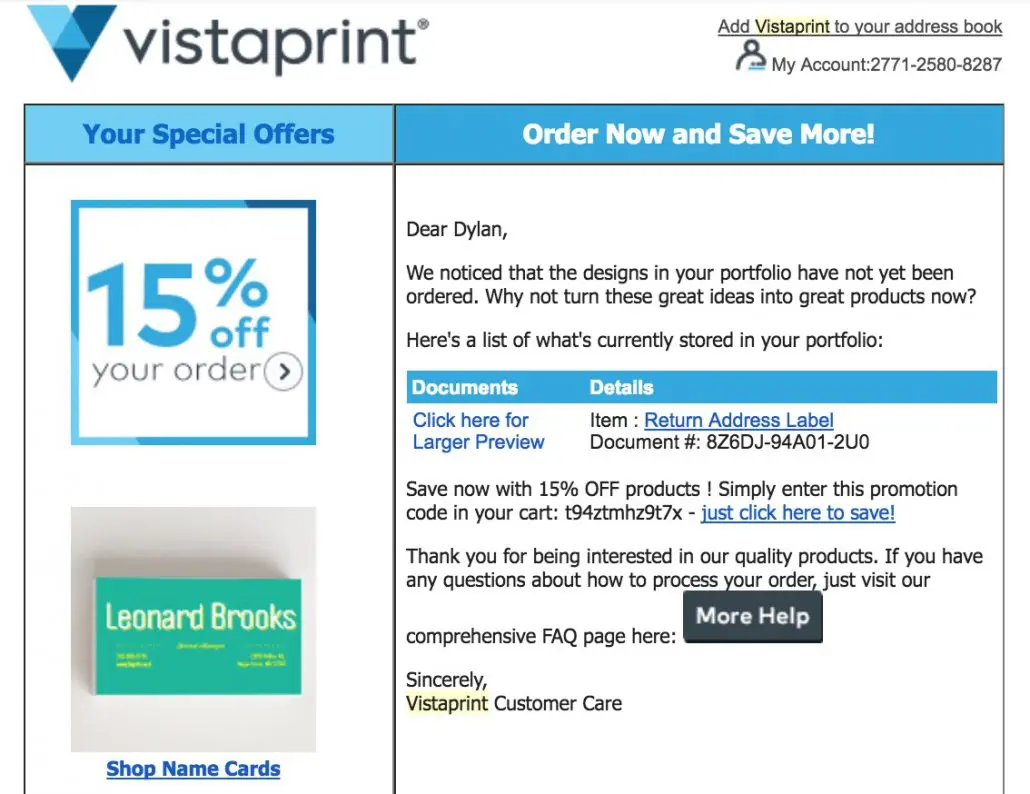Vistaprint transactional email with cross-selling